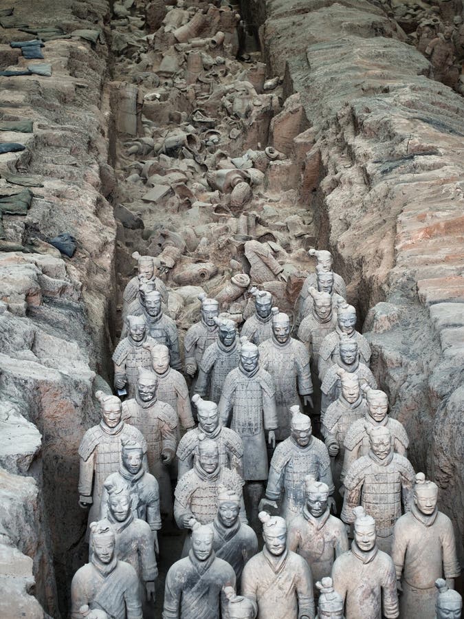 Close-up of two Terracotta Warriors showing intricate armour detail
